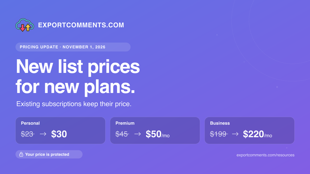 ExportComments pricing update, November 1, 2026: Personal $23 to $30, Premium $45 to $50 per month, Business $199 to $220 per month. Existing subscriptions keep their price.